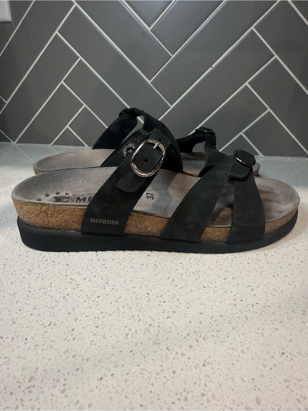 Mephisto Women's Black Strappy Cork Footbed Sandals